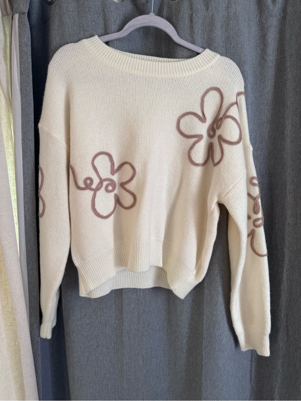 debut Cream Crewneck Sweater with Brown Floral Outline